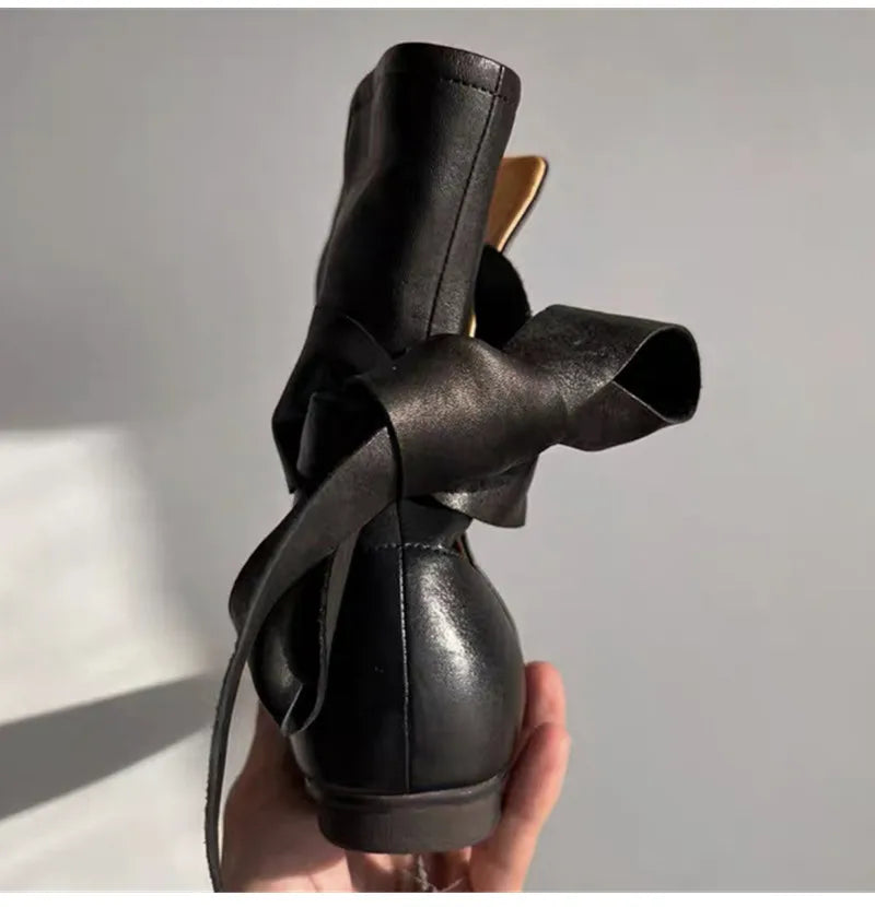 Soft Leather Lace-up Ankle Boots Comfortable Flats Short Booties Bowknot Chelsea Boots Shoes Botas